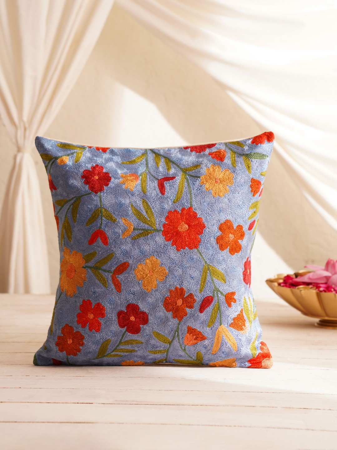 JAYPORE Blue & Red Embroidered Cotton Silk Square Cushion Cover