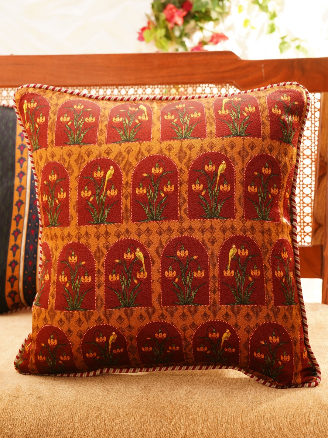 JAYPORE Brown & Green Floral Printed Square Cushion Cover