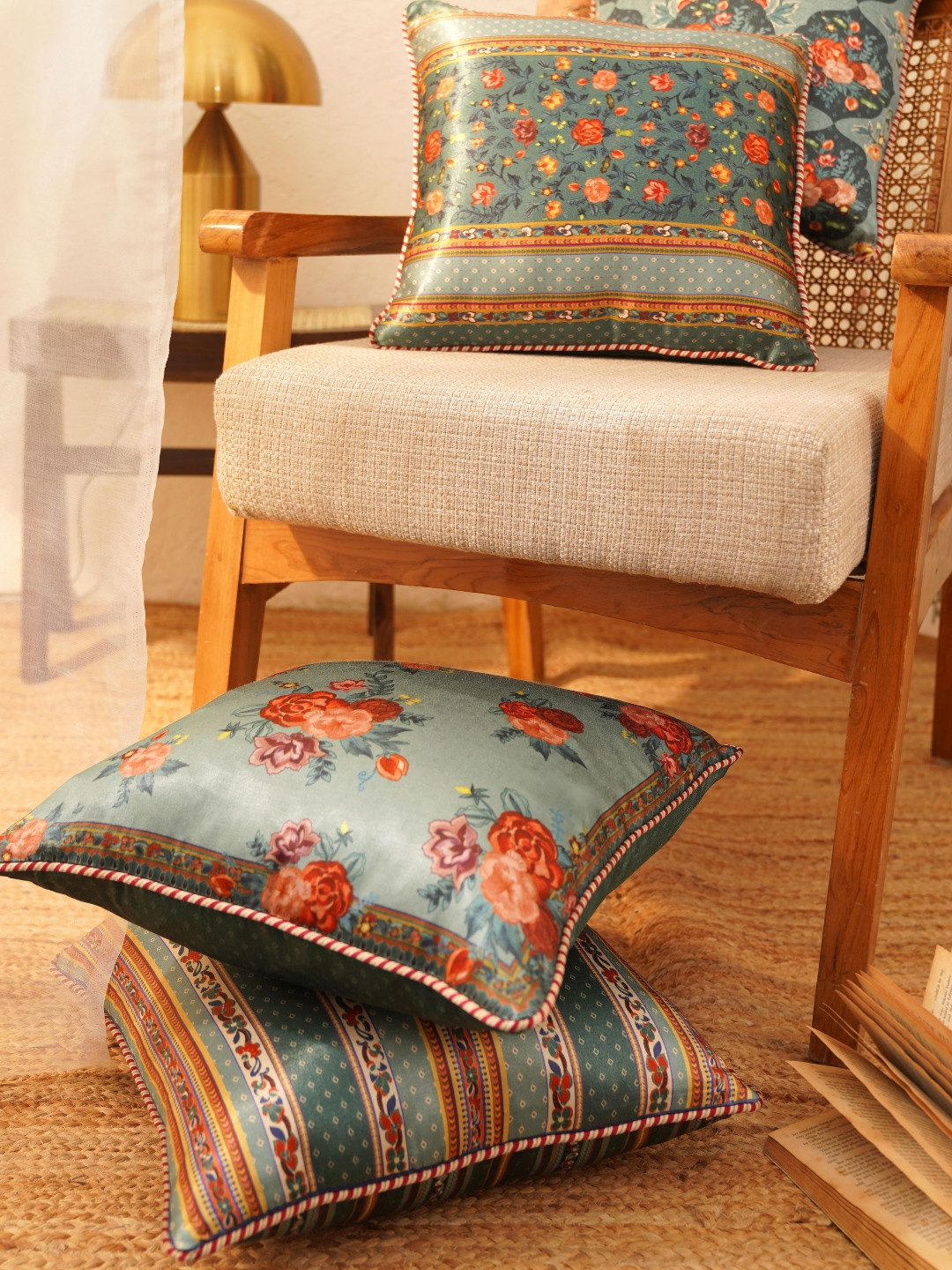 JAYPORE Green Floral Viscose Rayon Washable Square Cushion Cover -16x16In