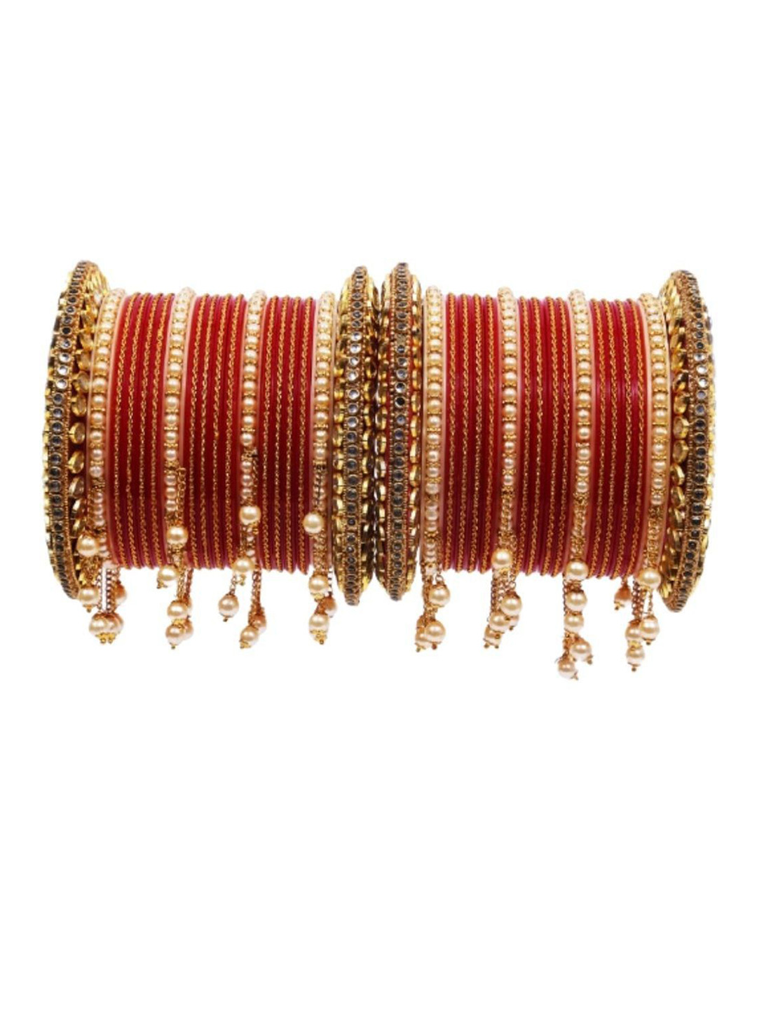 Align Set Of 2 Gold-Plated Stones Studded & Beaded Bangles With Tasselled