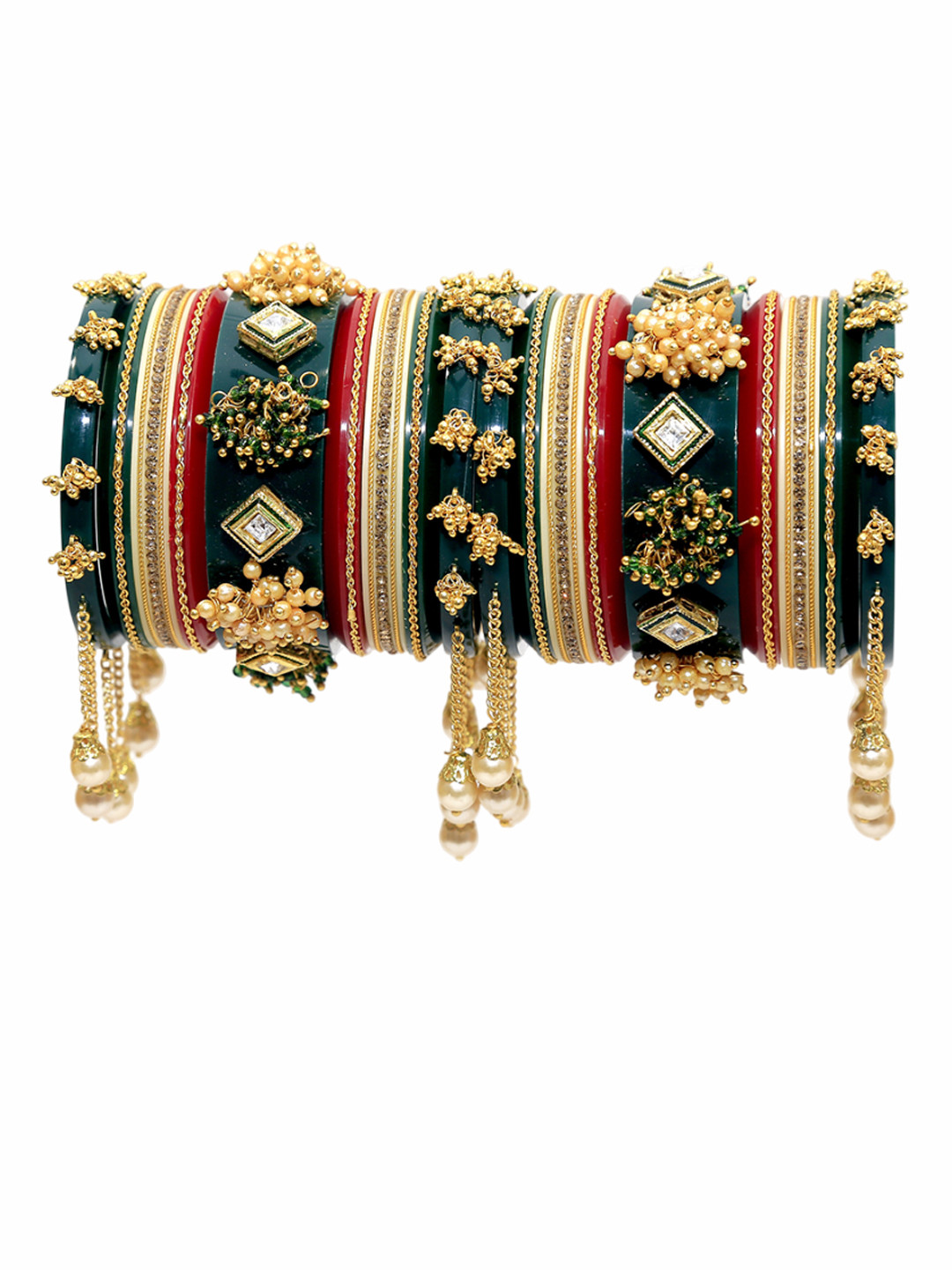 Align Set Of 2 Gold-Plated Stones Studded & Beaded Chuda Bangles With Tasselled