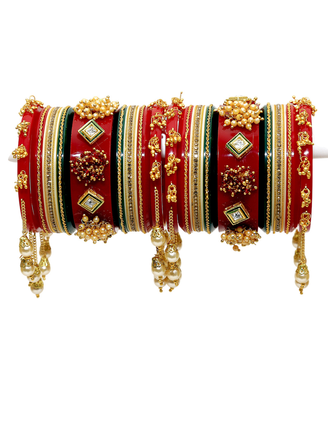 Align Set Of 2 Gold-Plated Stone-Studded & Beaded Chudas Bangles