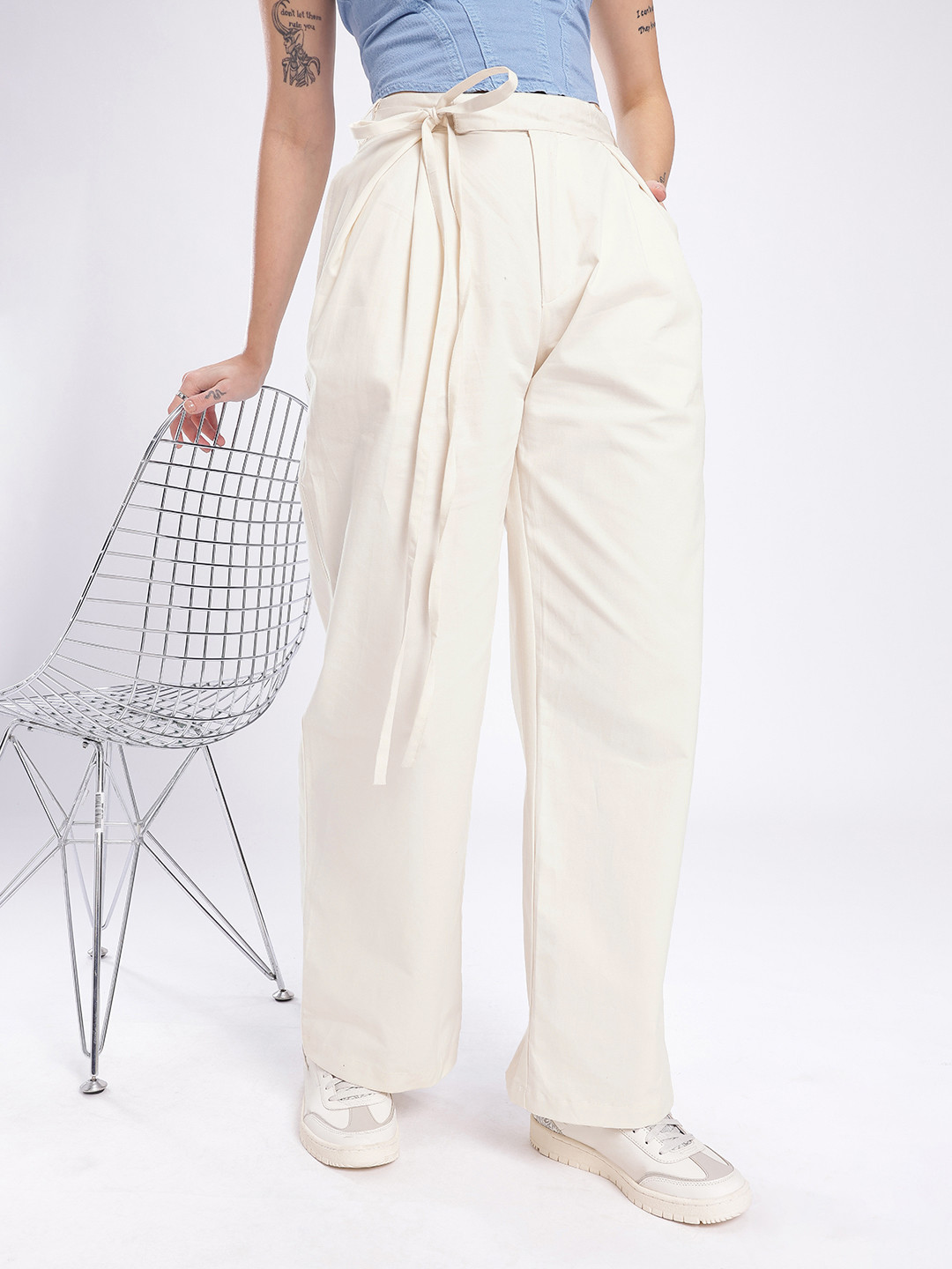 Stylecast X Hersheinbox Women Pure Cotton High-Rise Waist Tie-Up Chinos Trousers