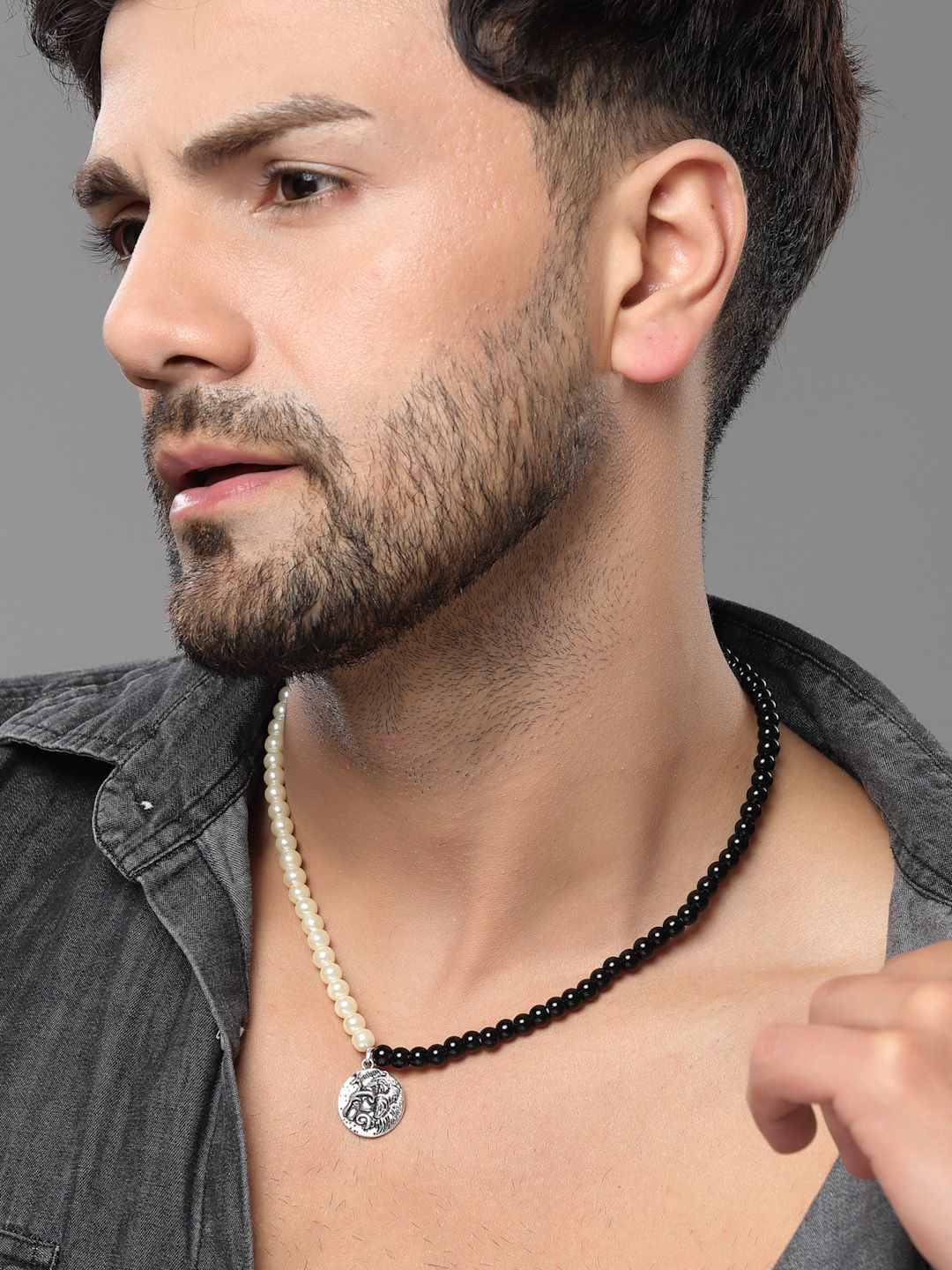 Sanjog Black & White Dual Tone Men Pearl Beaded Circular Lion Oxidised Pendant Chain Choker Necklace