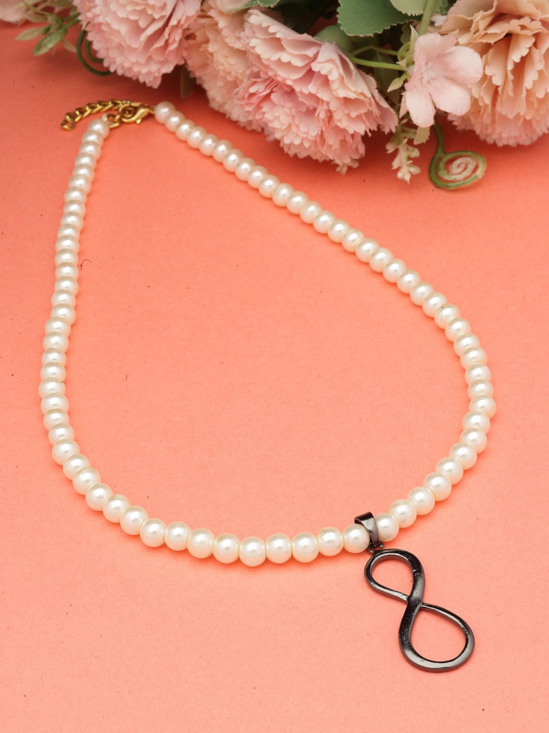 Sanjog Men Beaded Oxidized Infinity Charm Pendent Pearl Choker Statement Necklace Chain