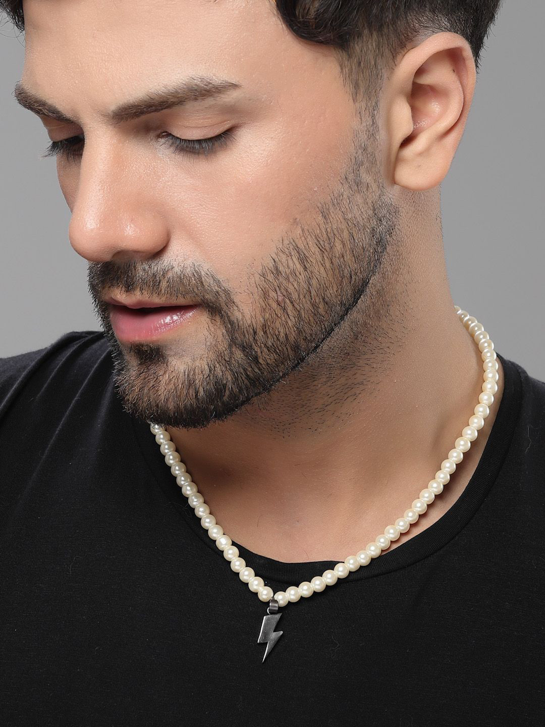 Sanjog Men Beaded Flash Charm Oxidised Pendant With Pearl Chain Choker Necklace