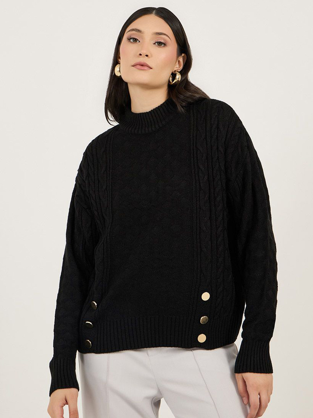 Styli Women Self Design Short Length Regular Fit  High Neck Sweater With Front Buttons Detail