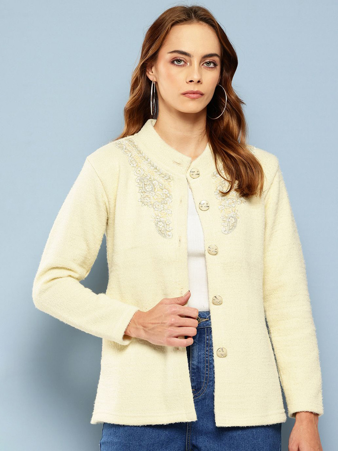 The Roadster Lifestyle Co Women Embroidered Long Sleeves Front-Open Sweater