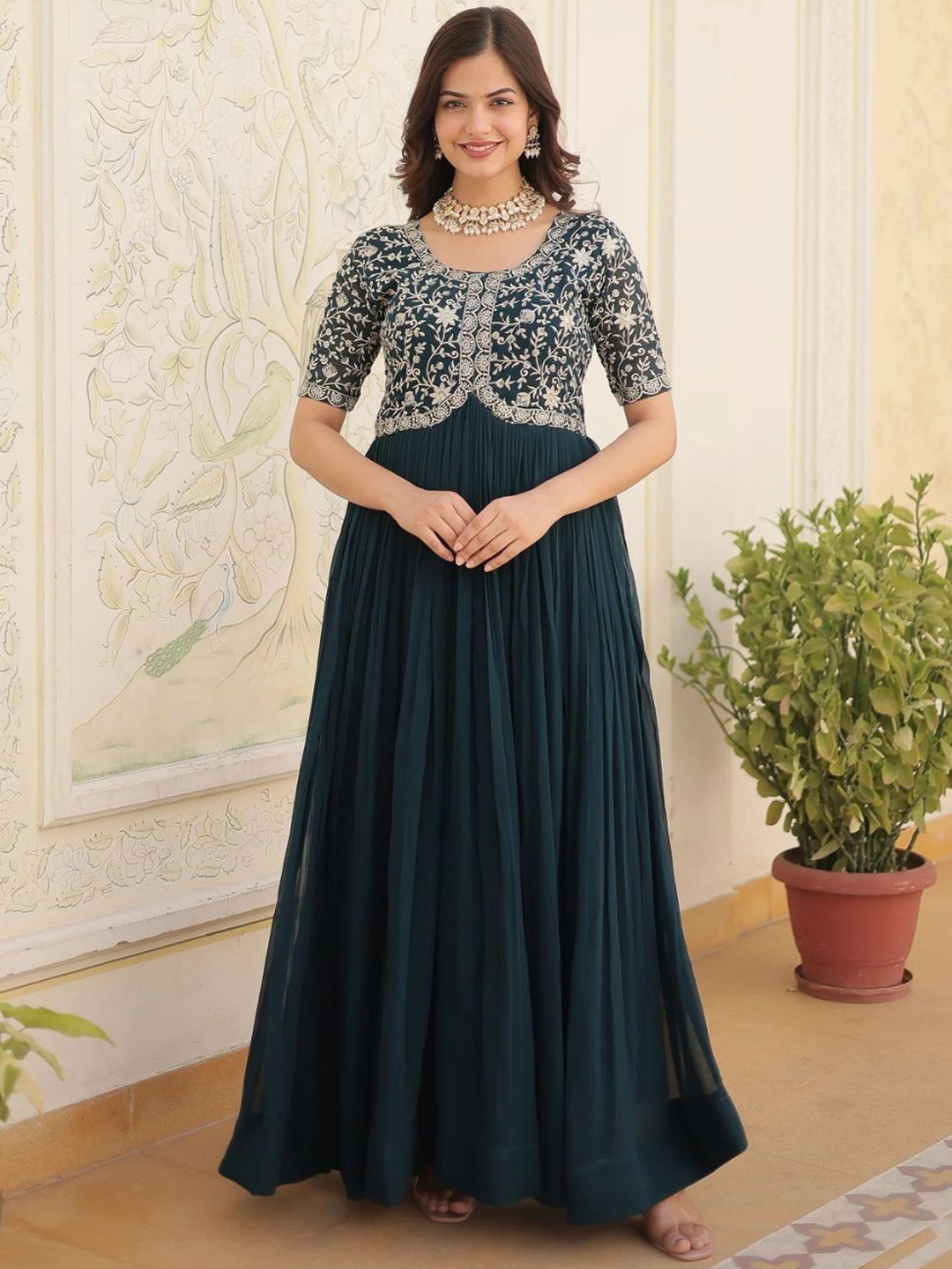 Jayalakshmi Silks Floral Embroidered Georgette Fit and Flare Ethnic Dress