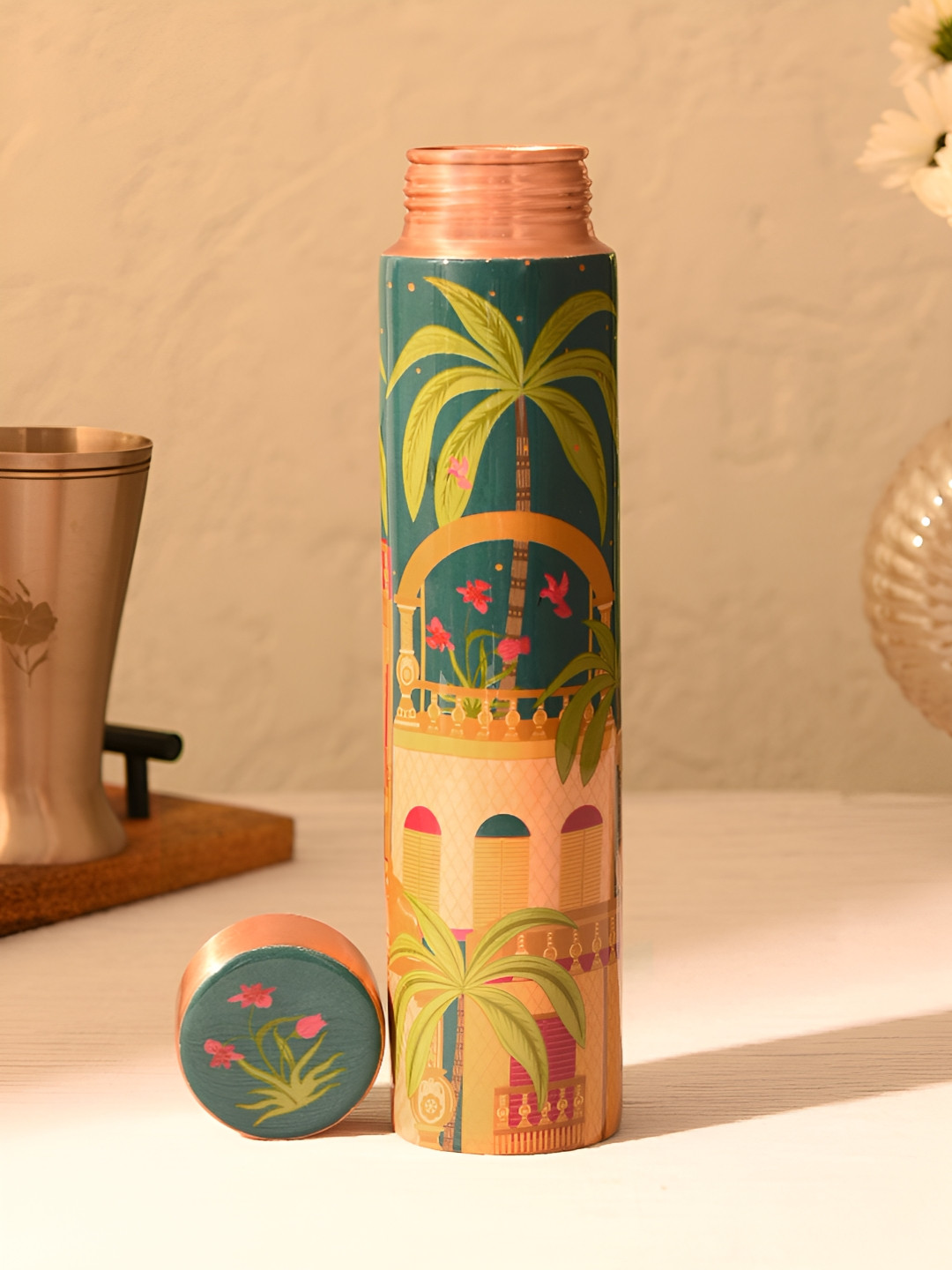 JAYPORE Blue & Green Copper Floral Printed Water Bottle
