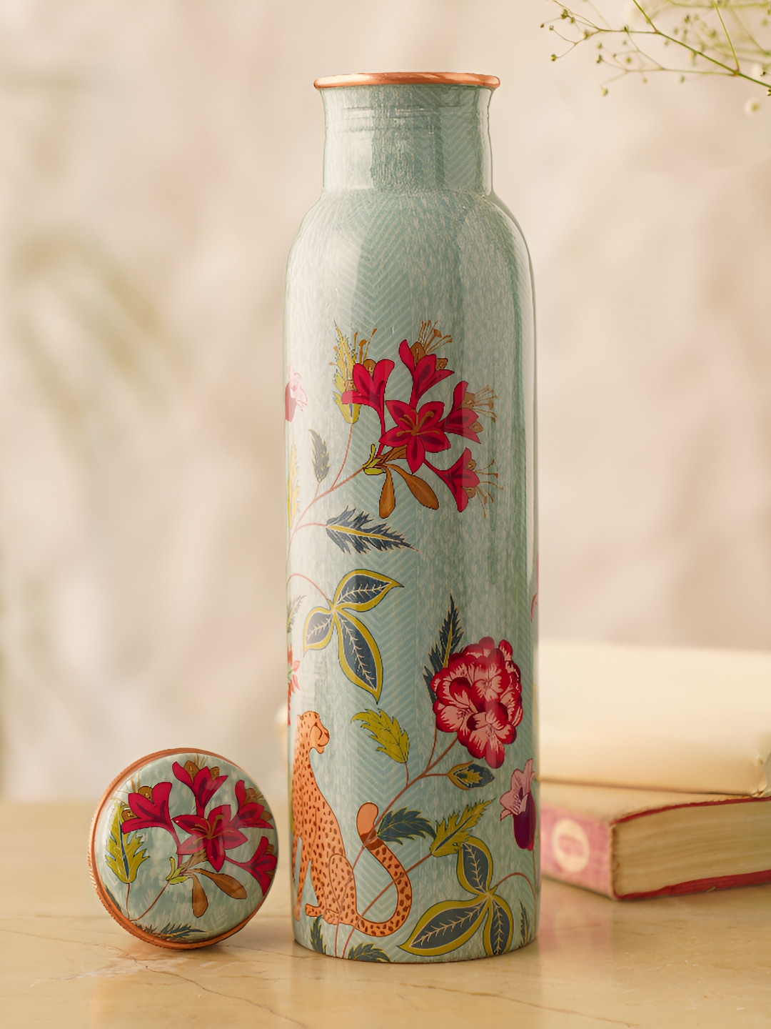 JAYPORE Blue & Pink Copper Floral Printed Water Bottle