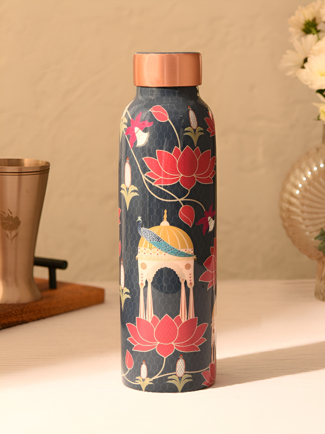 JAYPORE Black & Red Copper Floral Printed Water Bottle