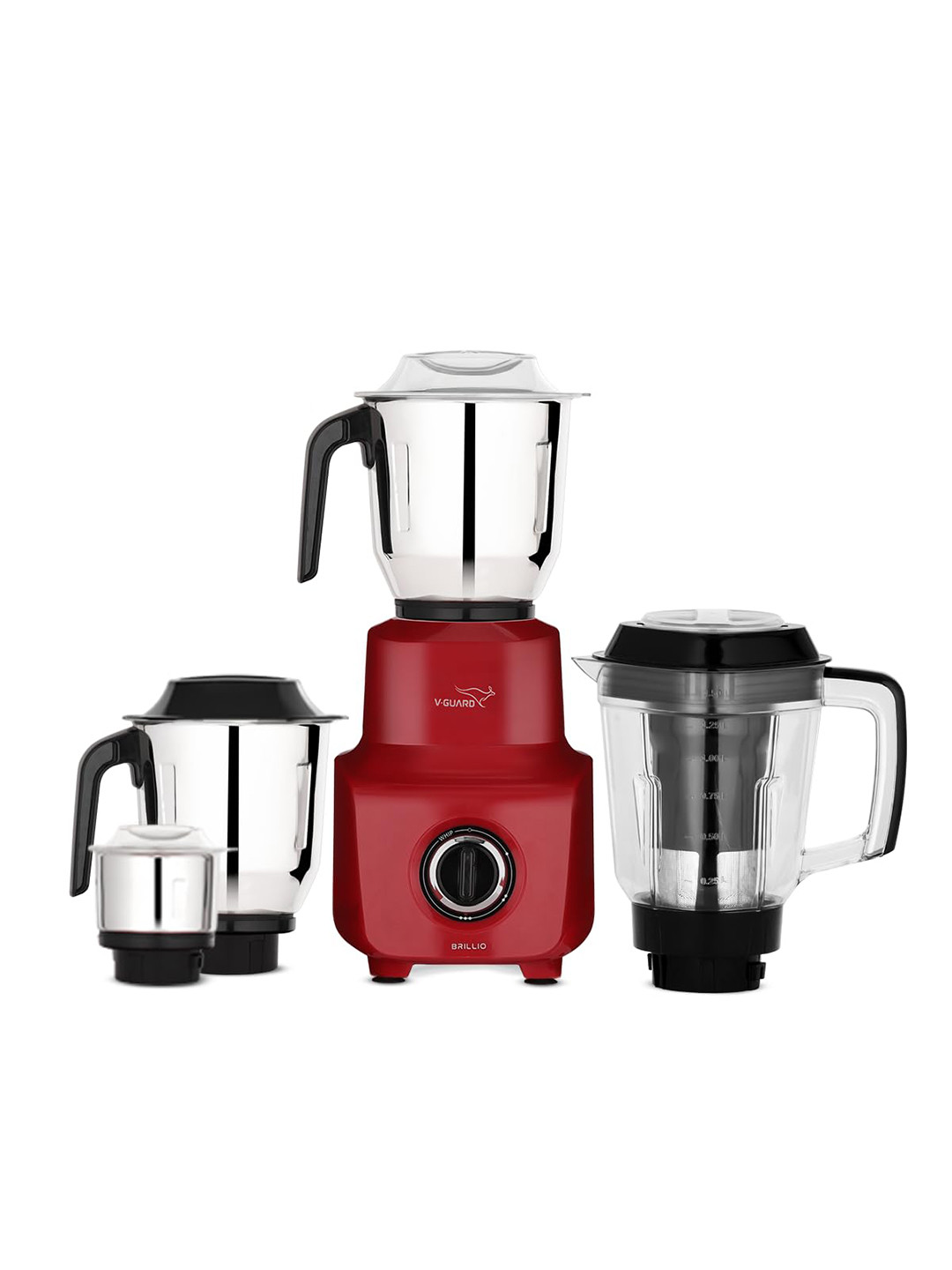 V-Guard Brillio Red Stainless Steel Corrosion Proof 4 Jars Wet and Dry Grinder with Juicer-750W