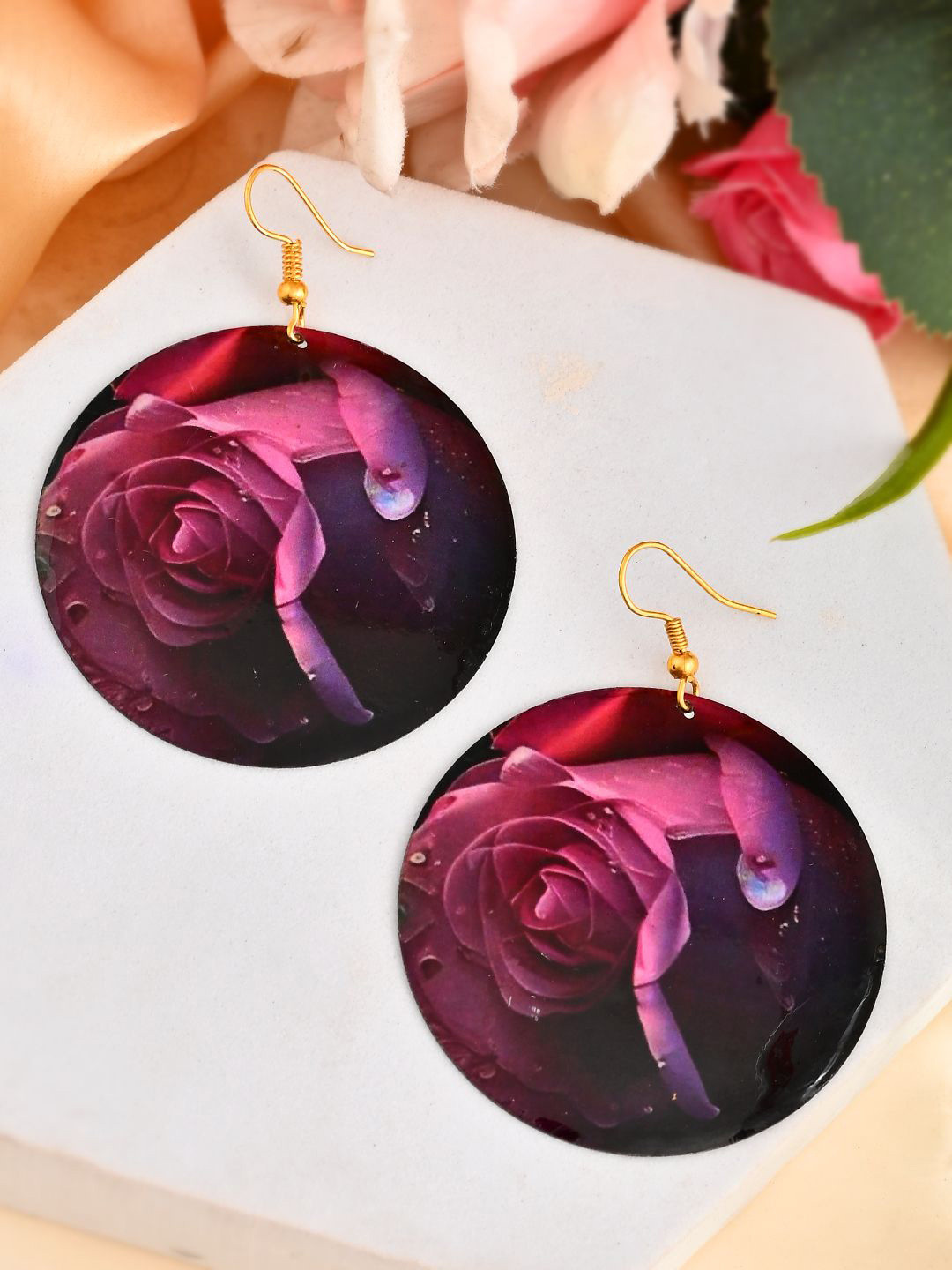 Silvermerc Designs Gold Plated Rose Petal Printed Leaf Shaped Drop Earrings