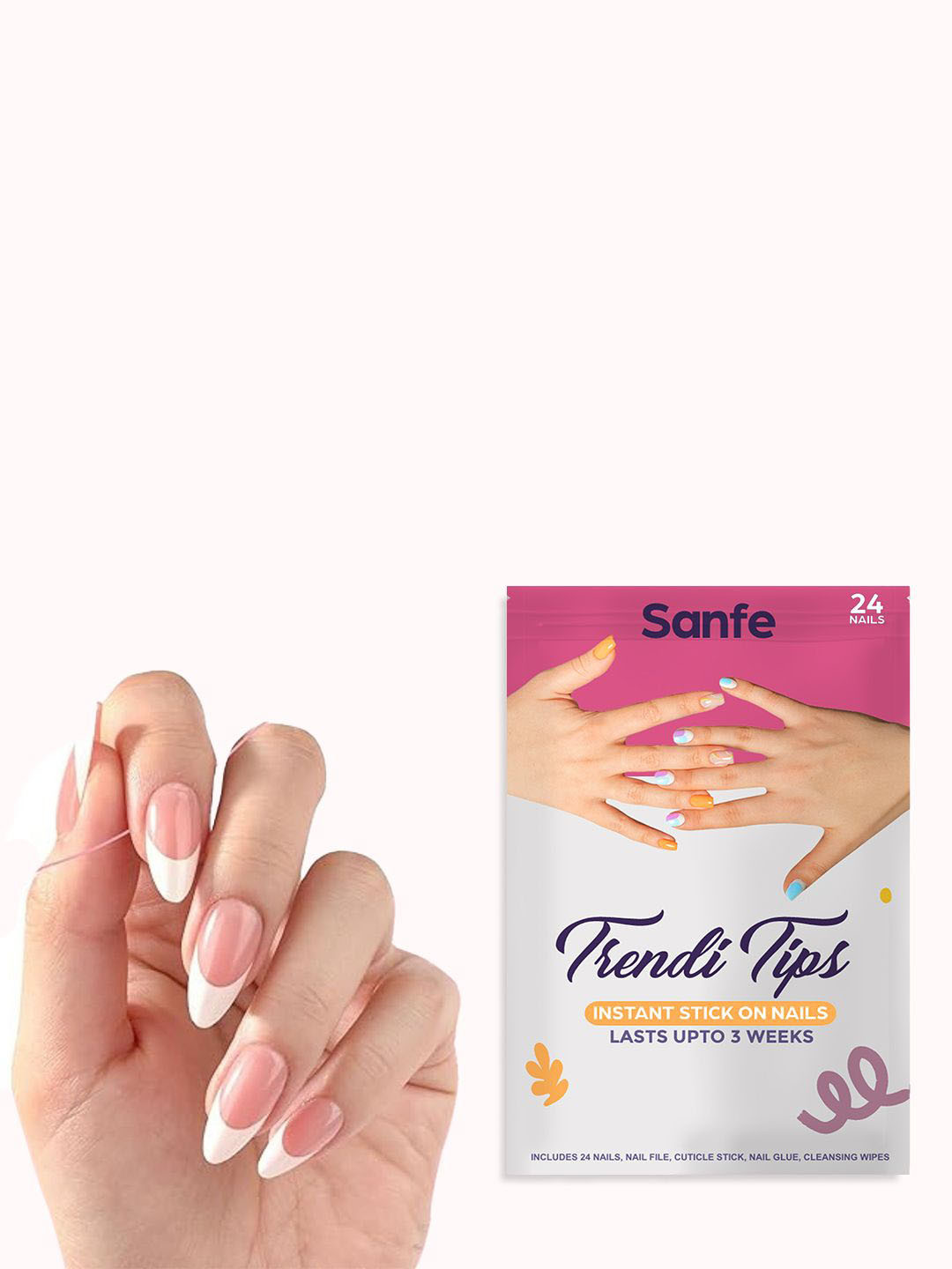 Sanfe Set Of 24 Trendi Tips Instant Stick On Nails Kit - French Almond