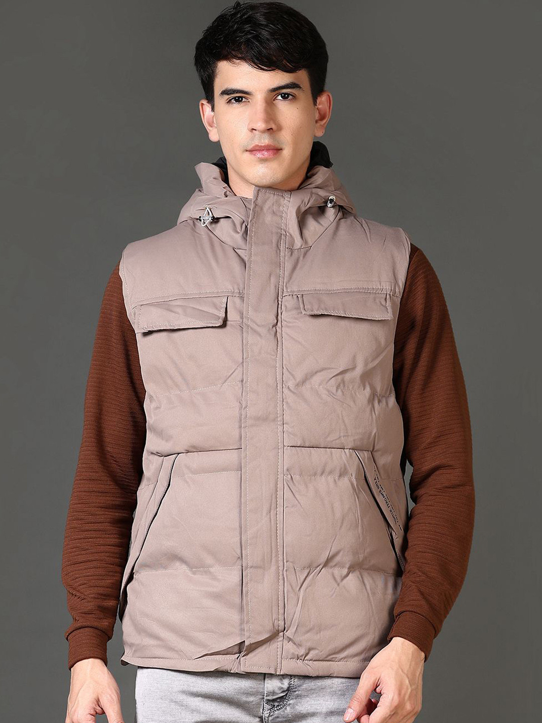V-Mart Men Hooded Solid Cotton Casual Gilet Jacket