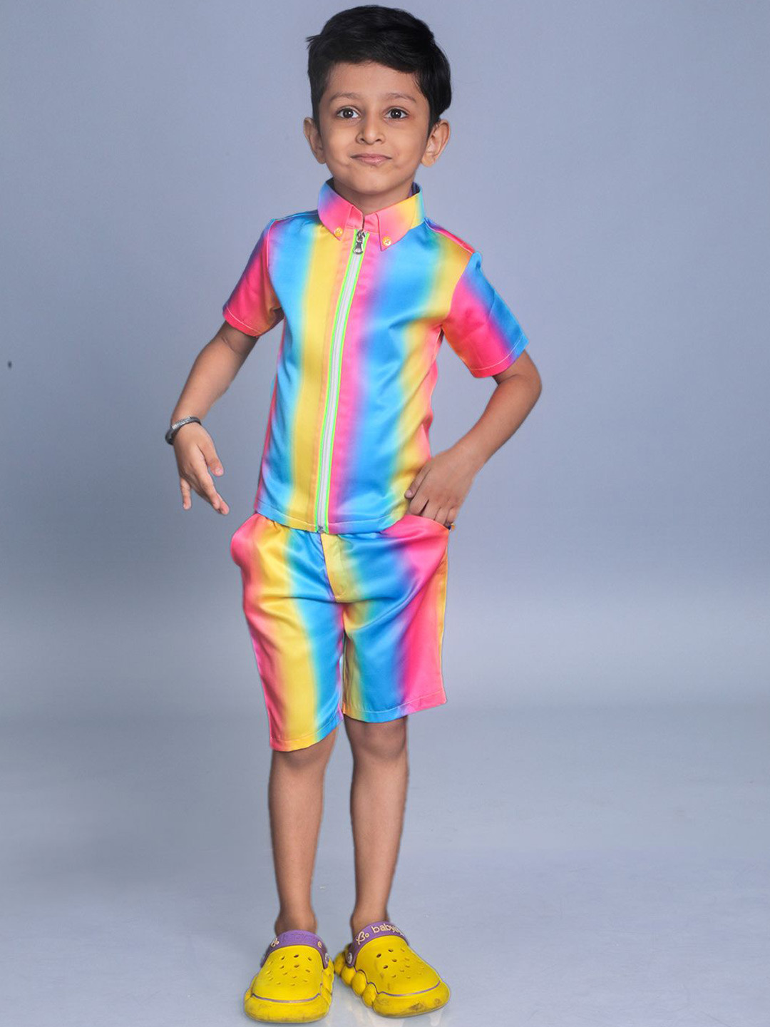BAYA COUTURE Boys Shirt Collar Colourblocked Shirt with Shorts
