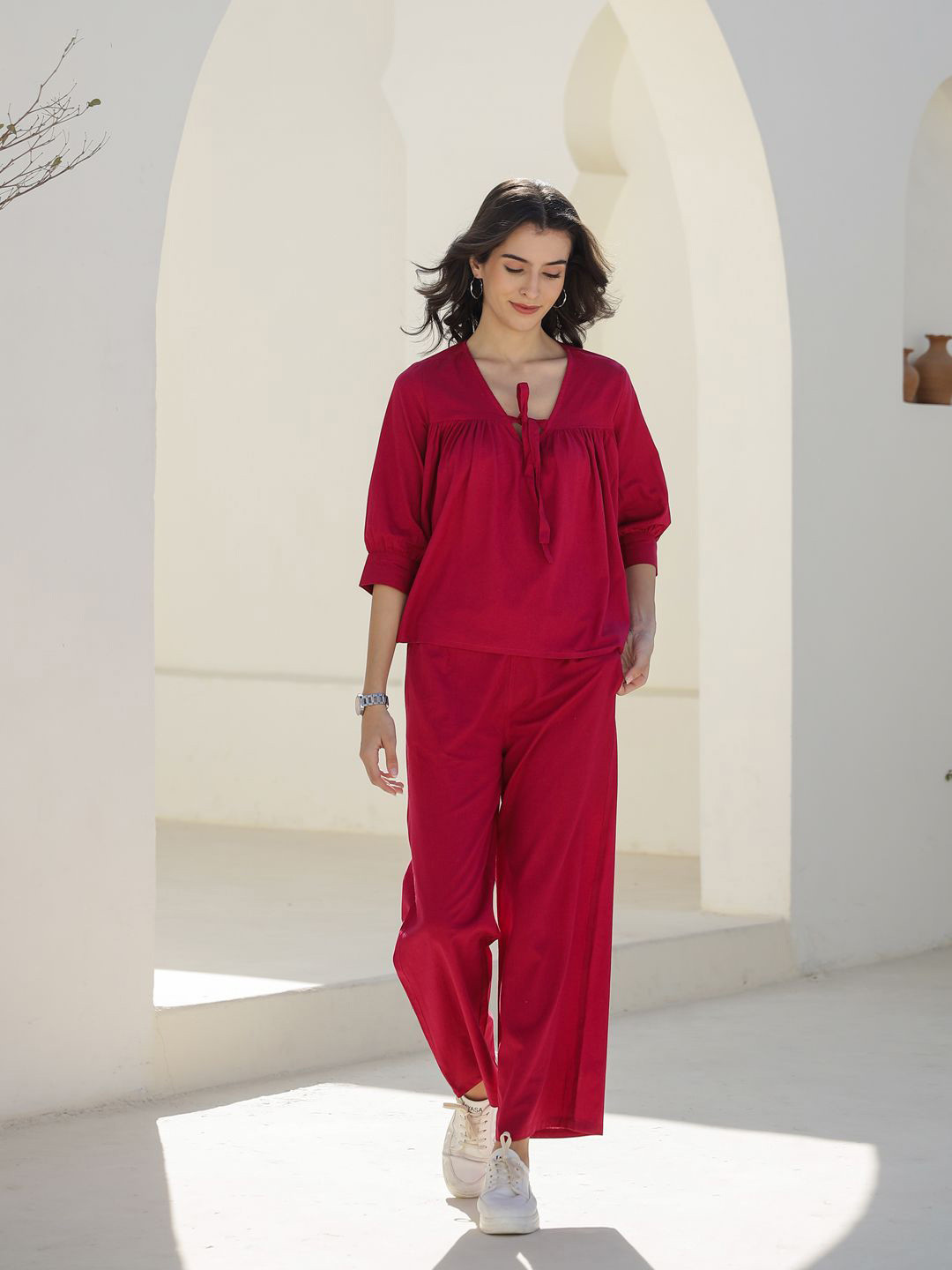 SANSKRUTIHOMES Printed V-Neck Three-Quarter Sleeves Pure Cotton Top & Trouser