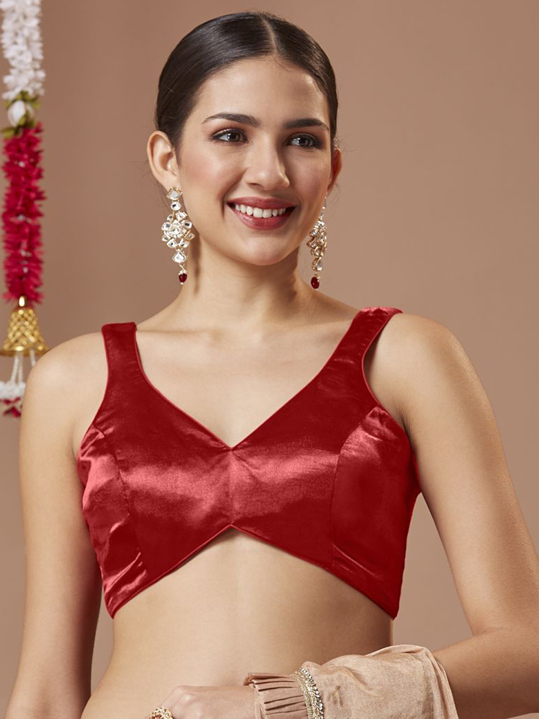 SALWAR STUDIO Satin Solid Sleeveless Saree Blouse