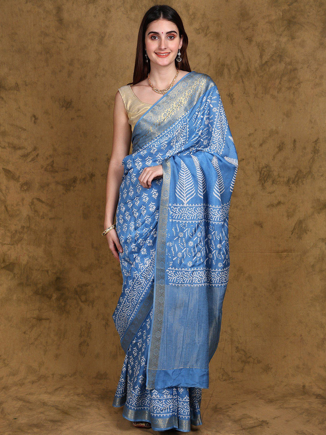 Exotic India Dabu Hand Block Printed Dola Silk Saree with Zari Woven Floral Vine Border