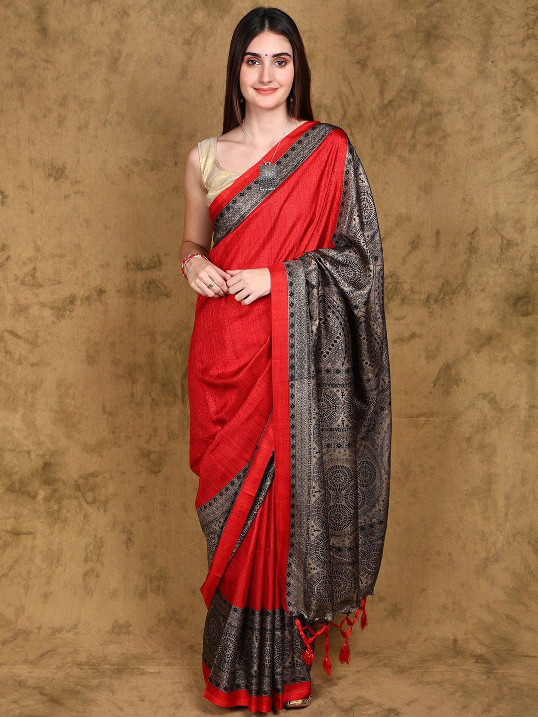 Exotic India Art Silk Saree with Warli Folk Figures Printed Border and Pallu