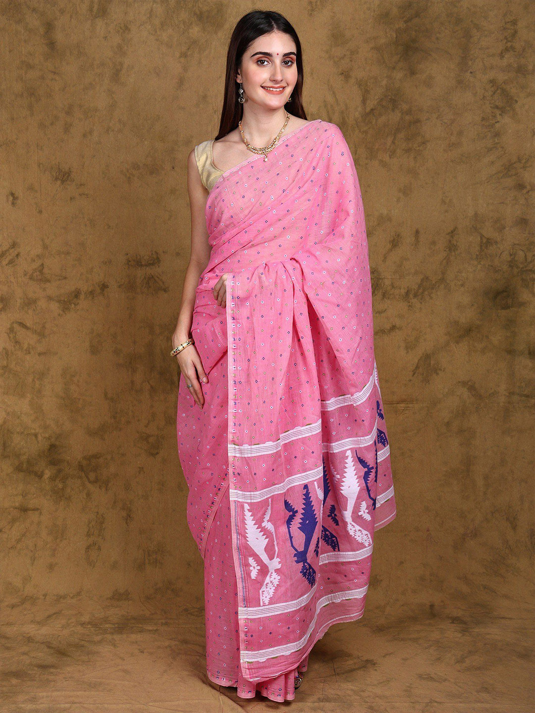Exotic India Pink Frosing Jamdani Handloom Pure Cotton Saree with All over Woven Bootis