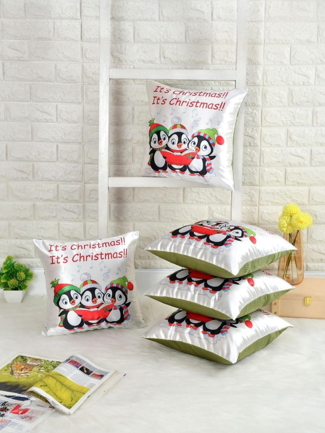 BIGGER FISH White 5 Pieces Cartoon Characters Printed Square Cushion Covers