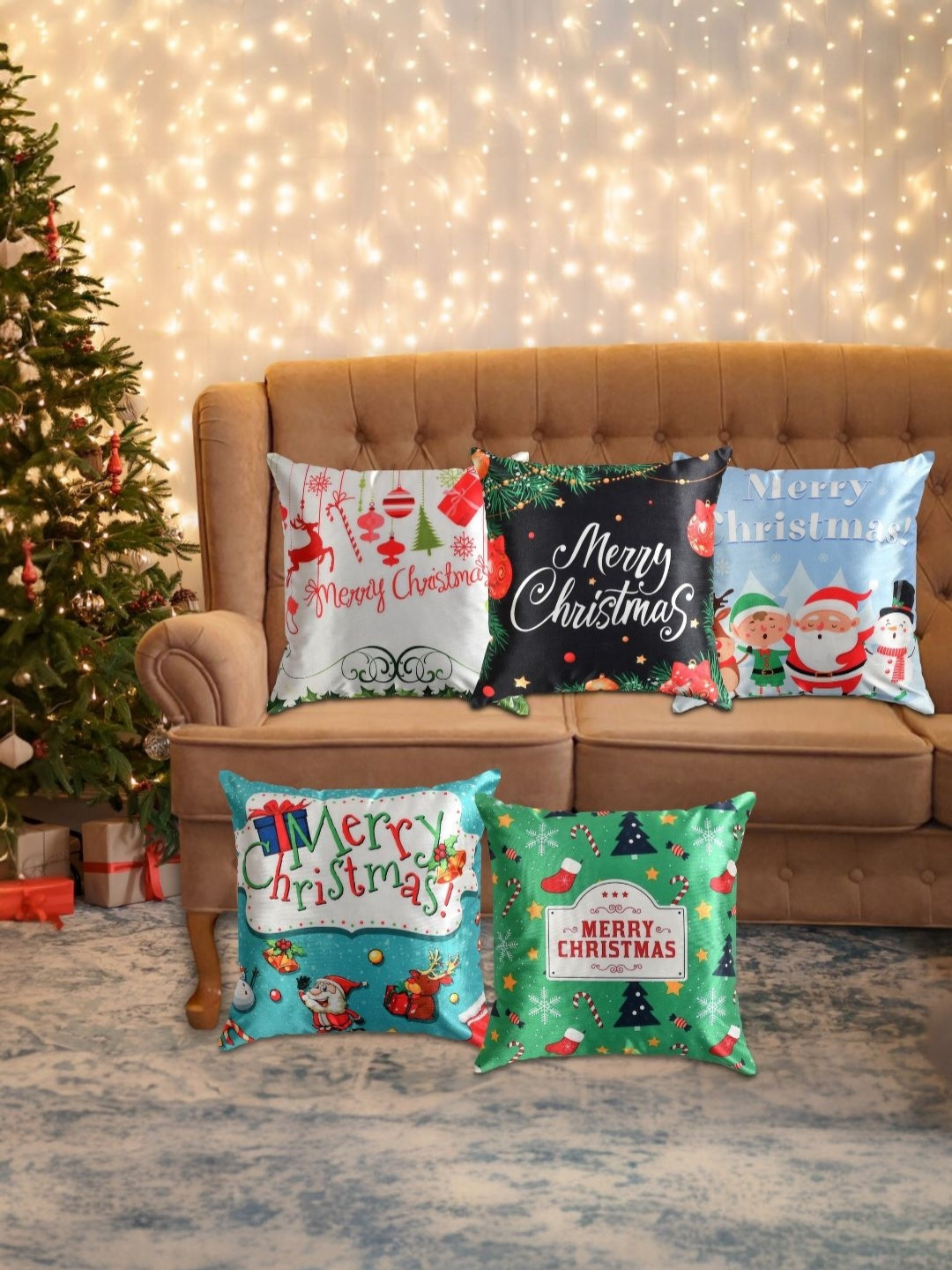 BIGGER FISH Christmas Typography Polyester 5 Pcs Cushion Covers - 15.7 x 15.7 In