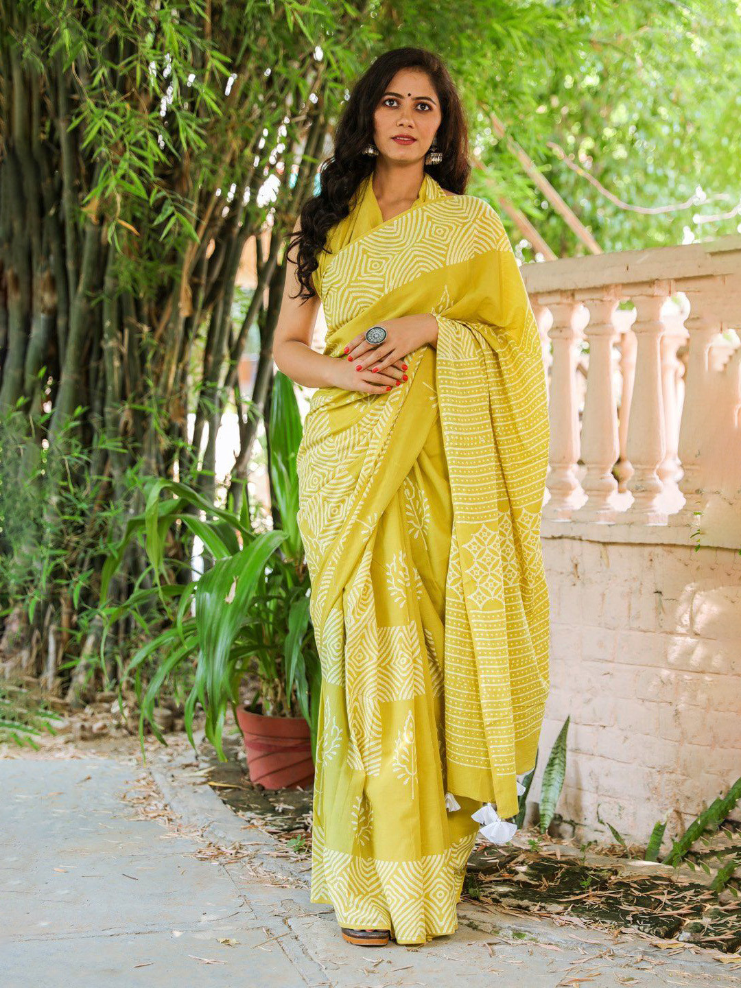 Craft Musium Floral Pure Cotton Block Print Saree With Blouse Piece