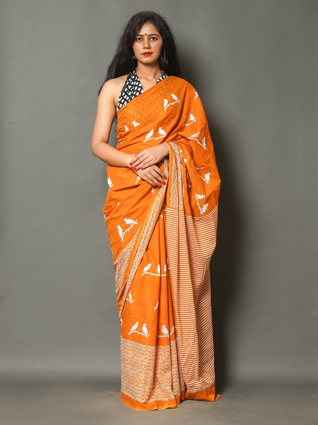 Craft Musium Floral Pure Cotton Block Print Saree  With Blouse Piece