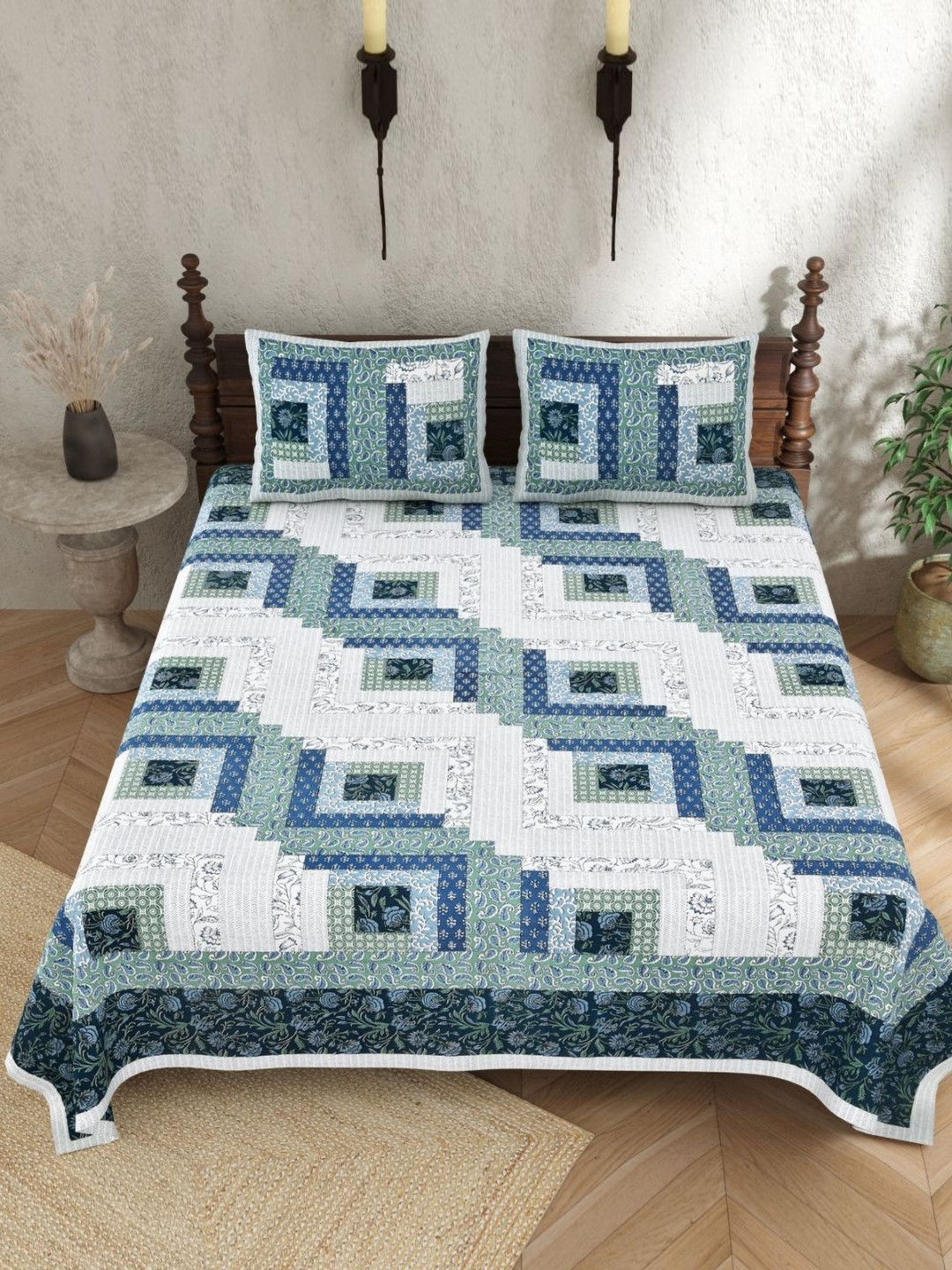 JAIPUR PRIME Green Geometric Pure Cotton 210 TC King Bedsheet with 2 Pillow Covers-108 x 100 inches