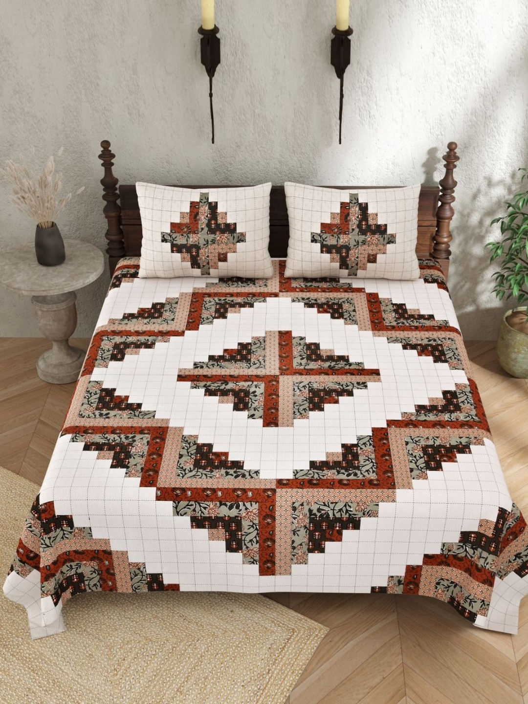 JAIPUR PRIME Jaipuri Orange Floral Pure Cotton 210 TC King Bedsheet with 2 Pillow Covers-108 x 100 inches