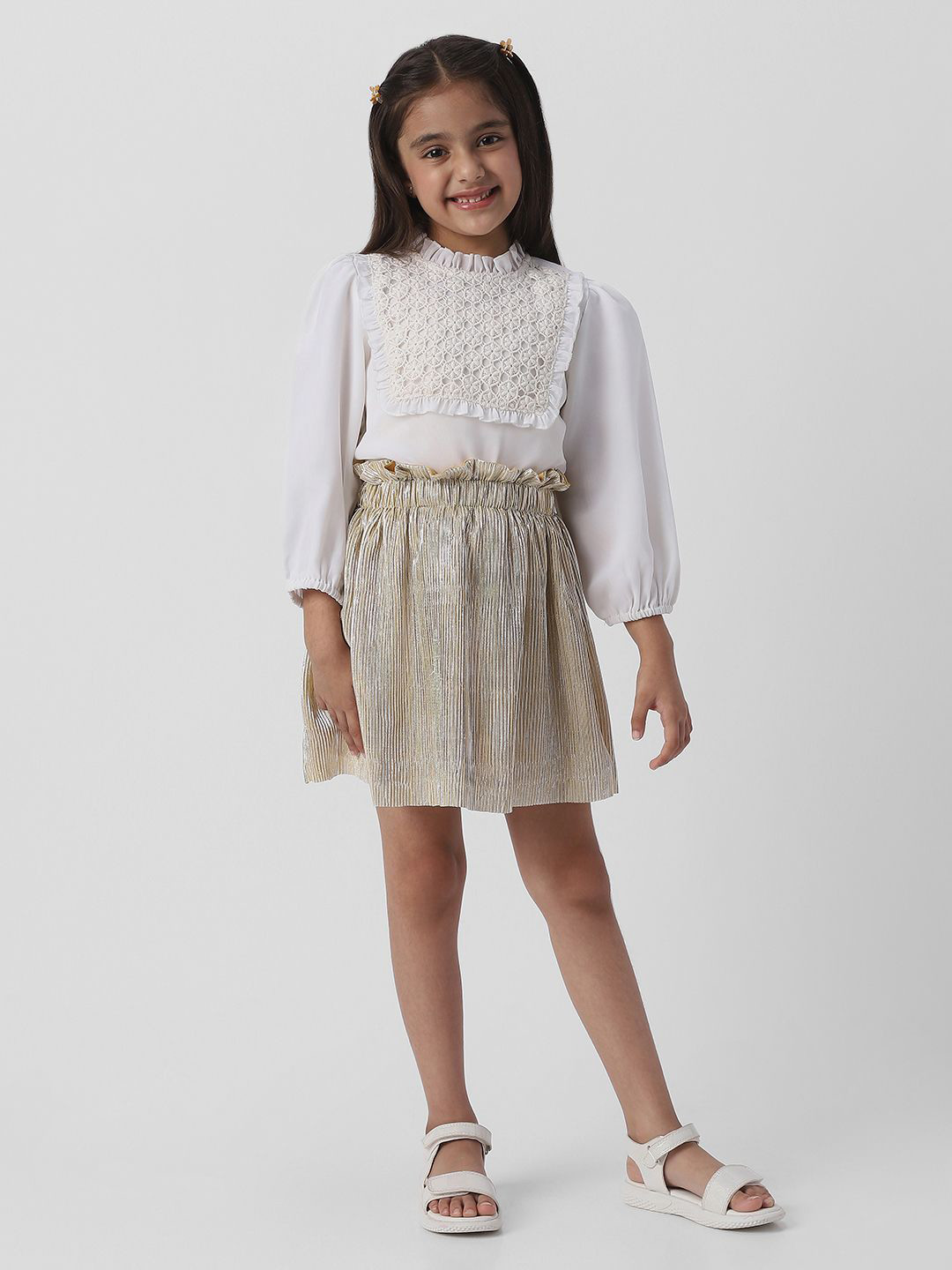 Nauti Nati Girls Frilled Neckline Sleeve Sequin Partywear Combo Set of Top and Skirt