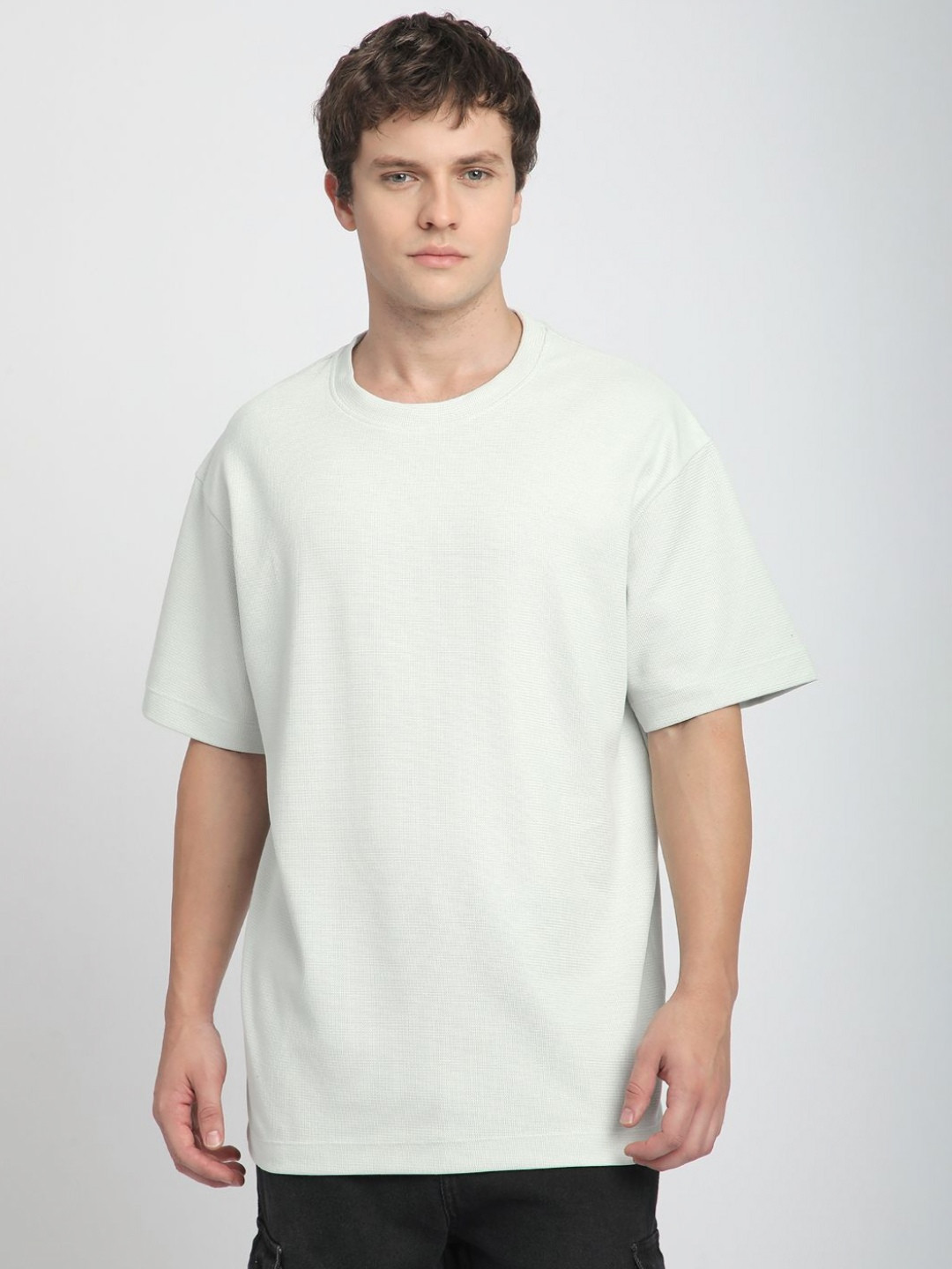 R&B Solid Round Neck Cotton Loose Fit T-shirt