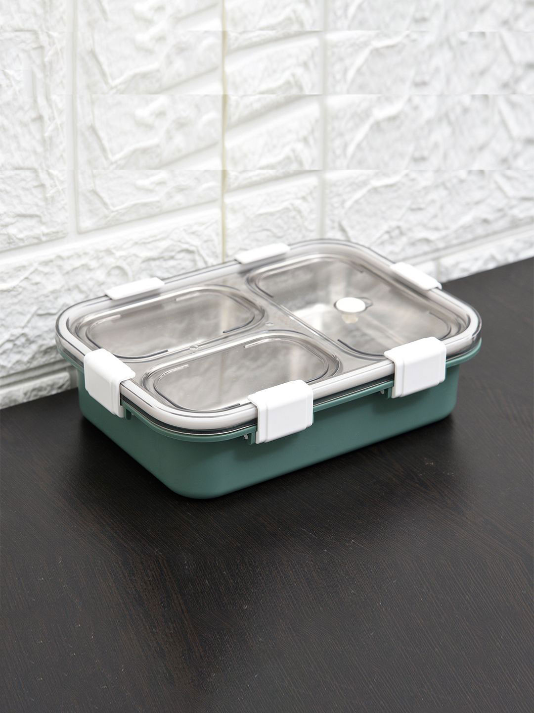 Kuber Industries SUS304 Green Solid Plastic Safe Pack 4PCs Lunch Box With Spoon and Fork