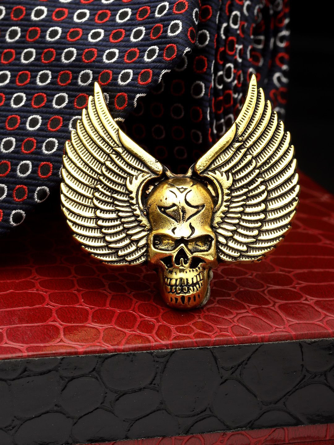 Sanjog Men Winged Skull Antique Gold Plated Oxidised Brooch