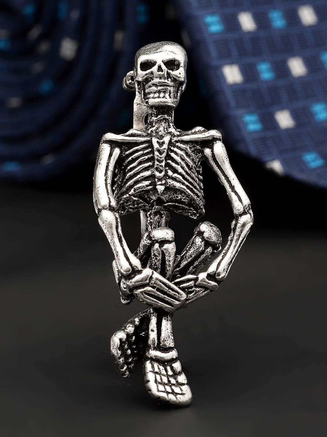 Sanjog Men Goth Skeleton Antique Silver Plated Oxidised Brooch