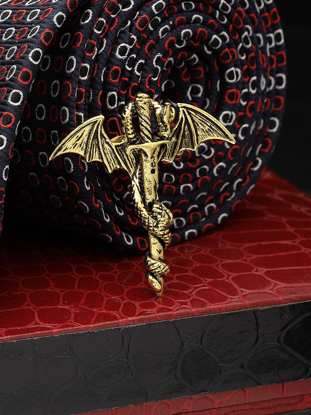 Sanjog Men Devil Mark Dragon Sword Wing Antique Gold Plated Oxidised Brooch