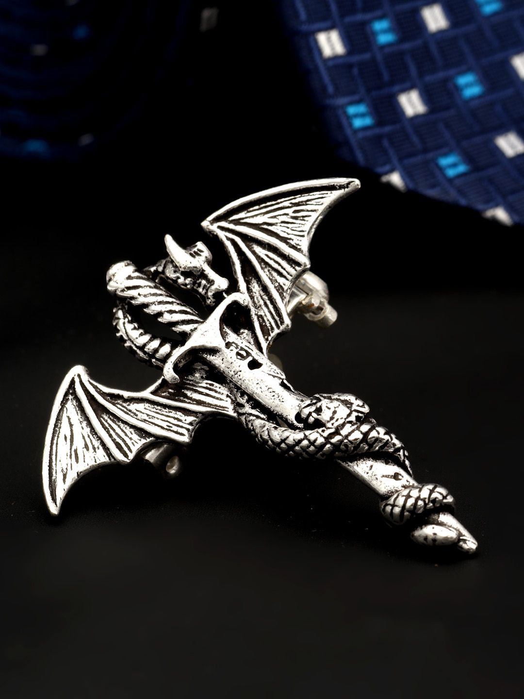 Sanjog Men Devil Mark Dragon Sword Wing Antique Silver Plated Oxidised Brooch