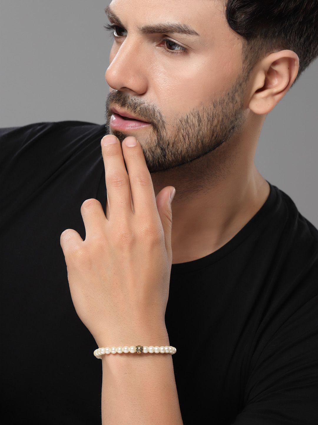 Sanjog Men Black & White Pearl Oxidised Cham Adjustable Statement Bracelet