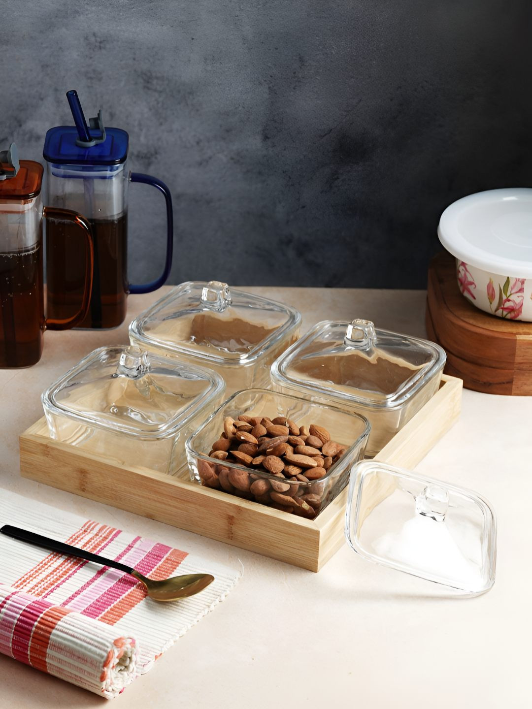 ceradeco Transparent 4 Pieces Glass Serving Bowl With Wooden Tray