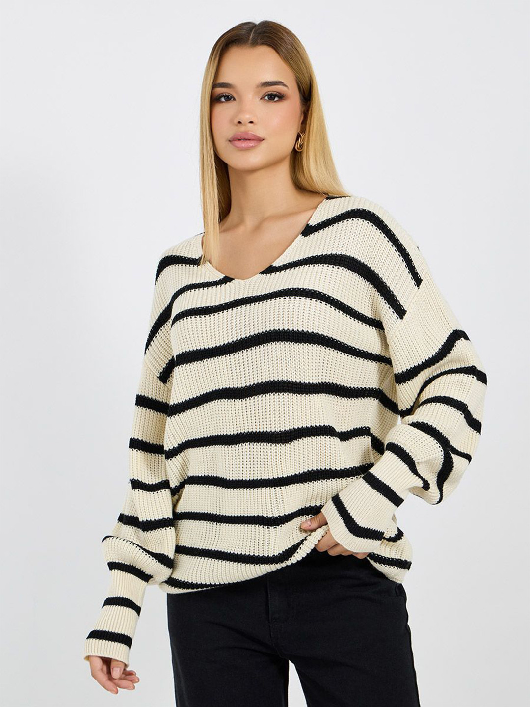 Styli Women V-Neck Striped Volume Sleeve Sweater