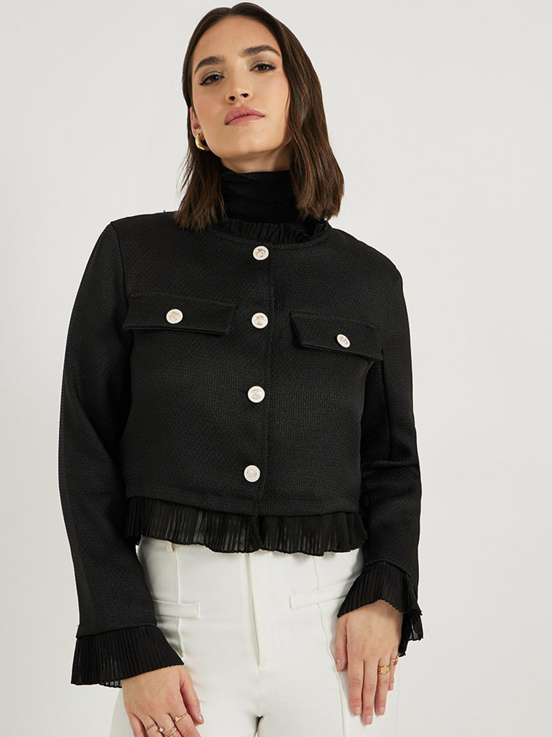 Styli Women Regular Fit Short Length Jacket With Hem Detail