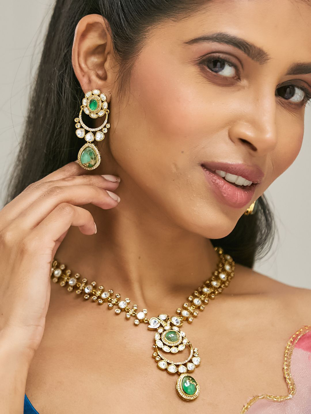 Nuyug  22K Gold-Plated Kundan Studded Green Faux Jasper Stone Necklace Set