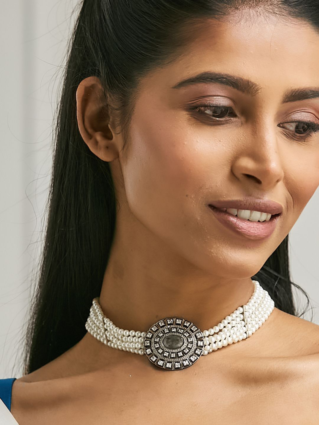 Nuyug  22K Gold-Plated Pearl Beaded Semi Precious Labradorite & Enamelled Choker Necklace