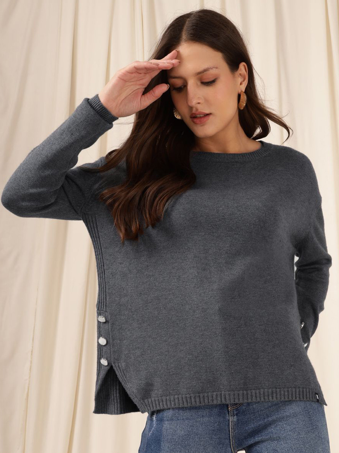 Xpose Women Asymmetric Hem Pullover Sweaters With Button Detail