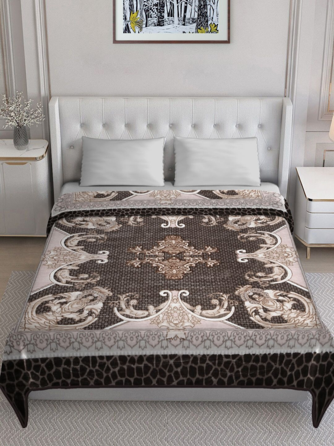 KLOTTHE Brown Floral Patterned 1000 GSM Woollen Heavy Winter King Double Bed Blanket