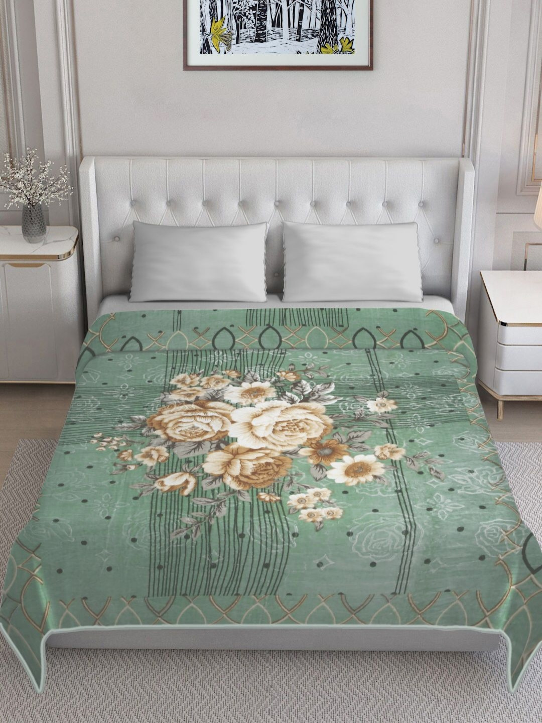 KLOTTHE Green Floral Patterned 1000 GSM Woollen Heavy Winter King Double Bed Blanket