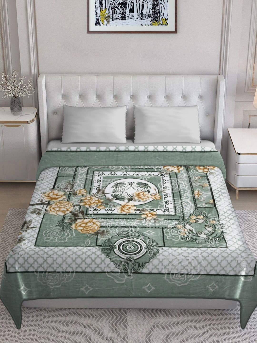 KLOTTHE Green Floral Patterned 1000 GSM Woollen Heavy Winter King Double Bed Blanket