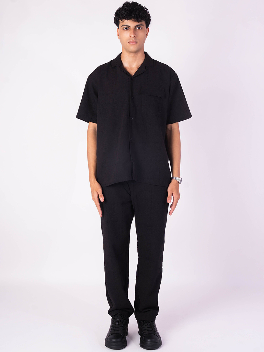 Hop Head Black Linen Checks Embroidery Co-Ord Set